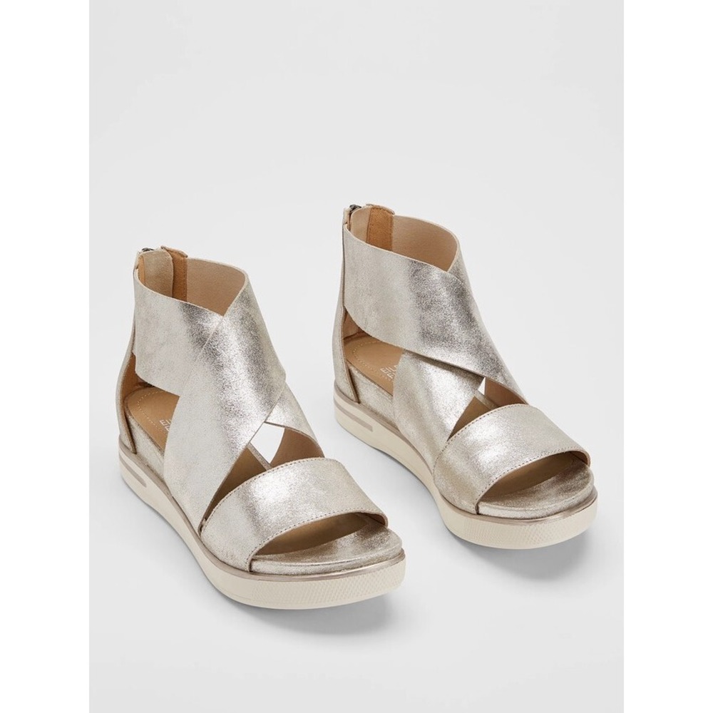 Eileen Fisher Sport Platform Sandals Womens 8.5 Silver Metallic Leather Back Zip